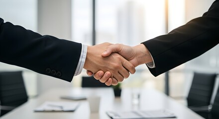 Two business professionals shaking hands in a modern office setting, signifying a successful agreement or partnership.