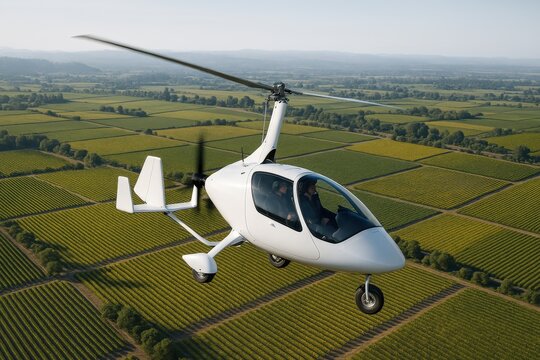 Gyrocopter flying over the vineyards of Sonoma during a clear afternoon