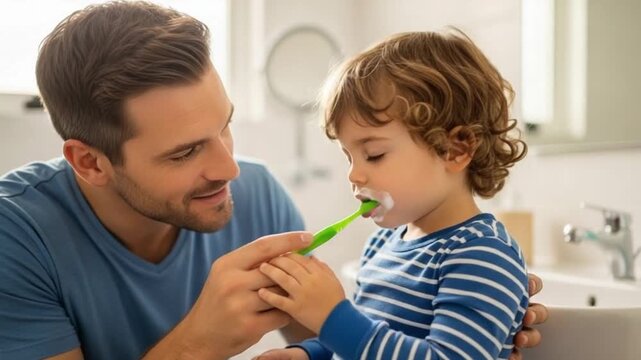 Patient Father Helping Child Brush Teeth in Morning Routine
