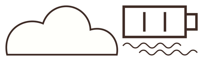 Cloud outline and battery shape linked by wavy lines symbolizing energy flow, innovation, and renewable energy concepts. Ideal for energy, technology, cloud storage, sustainability, ecology