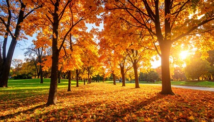 Fototapeta premium Autumnal park scene, golden leaves