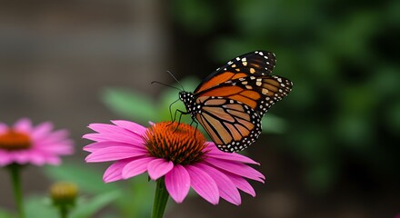 Naklejka premium Experience nature through a closeup of a monarch butterfly (danaus plexippus) on a pink flower in a garden on blurred background