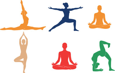 Colorful yoga pose silhouettes, meditation, stretching, balance, fitness, wellness, mindfulness, body strength, peaceful exercise, vector illustration for design