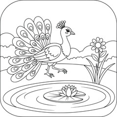 Cartoon Peacock Walking by a Pond with Lotus and Flower – Cute Bird Line Art for Kids Coloring Books
