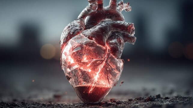 Human heart glowing through cracked hourglass surface, reflecting mortality and temporal fragility
