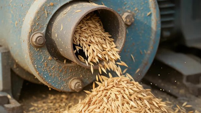 Rice mill production process with grains flowing from metal pipe into pile creating natural agricultural harvest scene full of grain energy