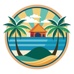 Obraz premium Vector art of a circular illustration captures a vibrant tropical beach scene featuring a palm tree, crashing ocean waves, and the sun