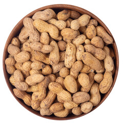Peanuts in a large wooden bowl isolated on white background, top view