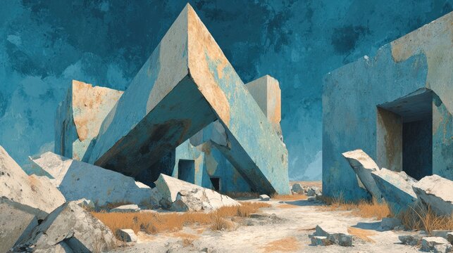 Muted tone crumbling forms symbolizing instability and fragile societal foundations