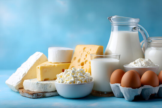 A selection of fresh dairy items including milk, cottage cheese, cheese, cream cheese, butter, eggs, and yogurt displayed on a bright backdrop. Banner.