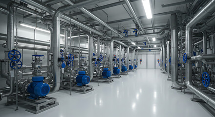 A state-of-the-art industrial facility featuring a row of blue electric water pumps and an intricate system of stainless steel pipes.