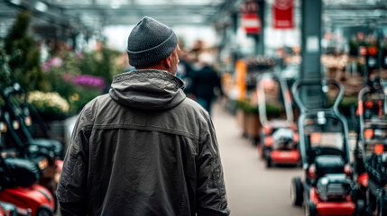 Construction Shopping: Man and Display Cases of Equipment