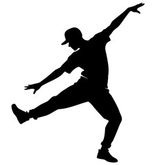 Black silhouette of a hip hop dancer in motion white background