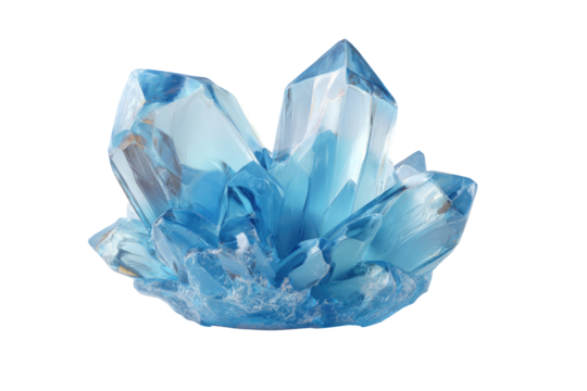 A cluster of vibrant, light-blue crystals.  Clear, sharp facets, radiating outward from a central point, creating a textured, three-dimensional form.  A subtle, icy blue tint adds depth