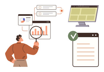 Person inspecting graphs, website structure, and checklists via magnifying glass. Ideal for research, data analysis, online optimization, evaluation, business strategy, decision-making simple flat
