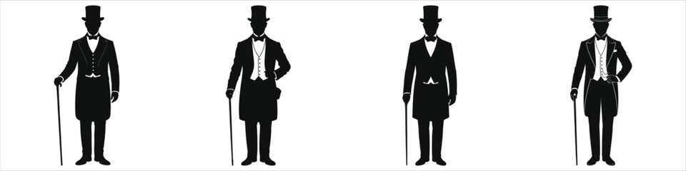Victorian Gentlemen Silhouette Collection | Elegant 19th Century Men in Top Hats, Tailcoats & Canes | Classic Retro Formal Fashion Vector for Invitations, Wedding Designs, Posters, Historical Projects