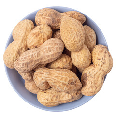 Peanuts in a blue plate isolated on white background, top view