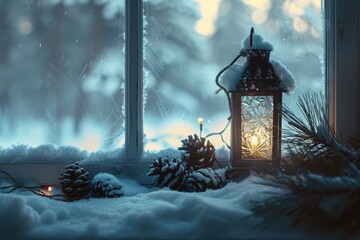 Vintage lantern casts warm light in winter evening, Burning lantern in snowy winter, Christmas lantern on snow with fir branch in evening scene