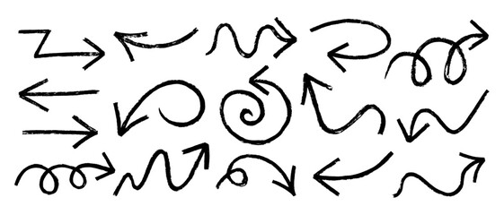 Chalk or charcoal rustic dirty grunge doodle line arrow vector illustration set. Hand drawn bold charcoal or crayon curve rough doodle arrow design element collection.