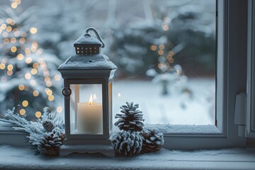 Vintage lantern casts warm light in winter evening, Burning lantern in snowy winter, Christmas lantern on snow with fir branch in evening scene