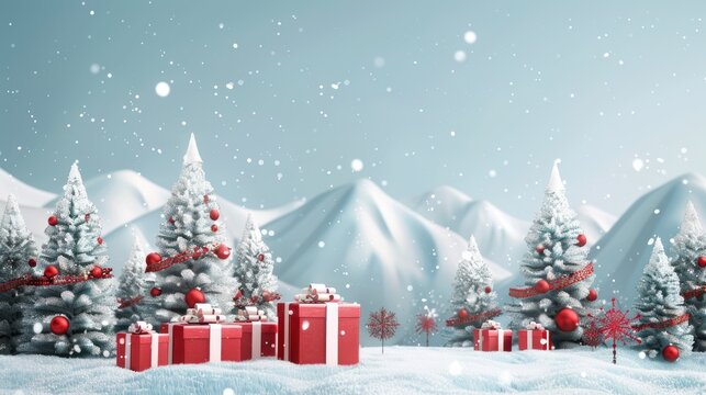 Decorated christmas trees with red garlands into a forest on a snowy sunrise close to xmas gifts in red boxes , Generative AI illustration