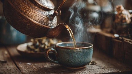 A steaming cup of tea being poured from an ornate kettle, set against a rustic wooden background.