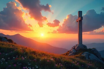 A serene landscape at sunrise, symbolizing hope and new beginnings in the Christian faith Perfect for illustrating themes of faith, peace, and spiritual renewal , mercy, nature