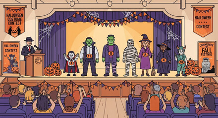 A Halloween costume contest is underway on a stage, with various costumed characters.