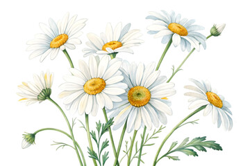 Fototapeta premium Watercolor daisies with white petals isolated on transparent background. Flower PNG.