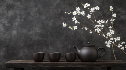 Black teapot and cups with blossoms