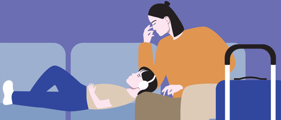 Asian mother with child as waiting at airport, flat vector stock illustration as concept of difficult moments of family travel such as moments of exhaustion