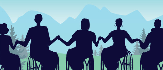 Inclusive friends as active tourists in the mountains, flat vector stock illustration as a concept of Accessible Travel or traveling with limited mobility, special needs
