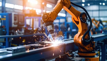 Automated welding robot arm in a factory setting, performing precision metalwork.