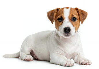 Obraz premium Adorable small Jack Russell Terrier puppy with curious eyes resting calmly on a bright surface