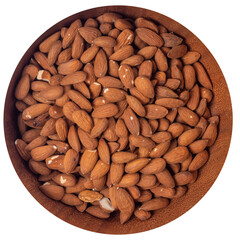 Almonds in a large wooden bowl isolated on white background, top view	