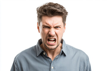 Obraz premium Portrait of angry man isolated on white background, Selective focus annoying middle age man on white.
