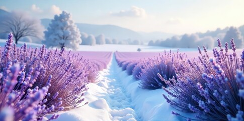 A snowy landscape infused with the calming purple hues of lavender fields, a serene winter scene Frozen lavender sprigs add a touch of color to the crisp, white snow , delicate, peaceful