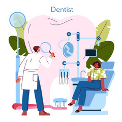 Dentist Examining Patient in Dental Office Vector Illustration
