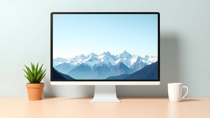 Clean Minimalist Desktop Setup with Widescreen Monitor Displaying Snowy Mountain Landscape

