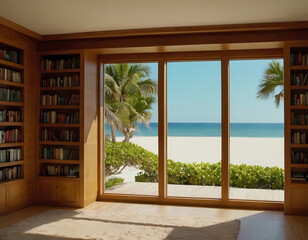 ocean bookshelf background retirement home office study library with window interior of trees and beach backdrop. Bookshelves in contemporary room. Online virtual, modern home interior at the sea