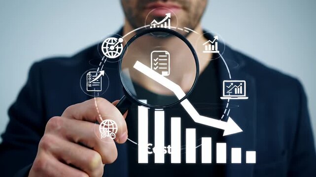 Data Analysis Falling Bar Chart Seen Through Magnifying Glass Held by a Man in Navy Blazer
