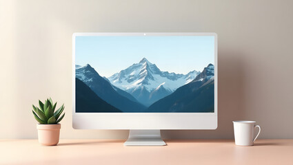 Fototapeta premium Clean Minimalist Desktop Setup with Widescreen Monitor Displaying Snowy Mountain Landscape 