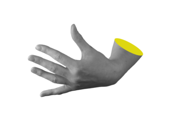 Female hand with open palm and spread fingers reaching to grasp invisible object, showing expressive