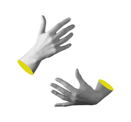 Pair of hands in hugging gesture, holding invisible object with open palms and spread fingers,
