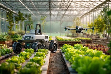 植物工場で働く農業用ロボットとドローン