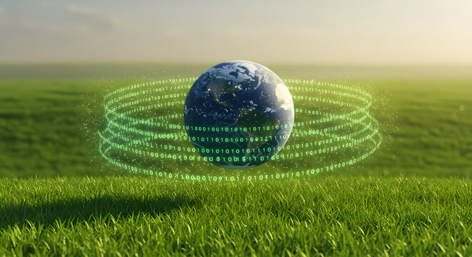 Digital Earth surrounded by coding on a green meadow symbolizing technological advancement and - Powered by Adobe