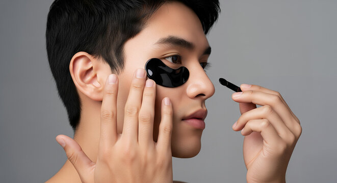 Profile of a young man using shiny black under-eye masks for a refreshing facial routine - Powered by Adobe