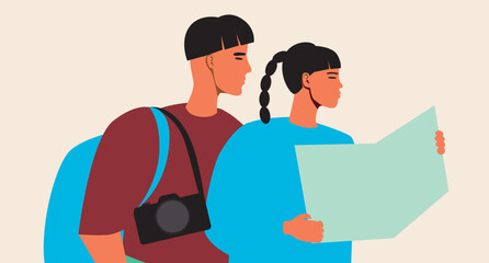 Obraz premium Young asian couple and Romantic Trips, flat vector stock illustration isolated, backpackers enjoying a romantic getaway