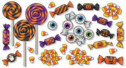 An assortment of Halloween candies including lollipops, wrapped sweets, and candy corn arranged on a white background.