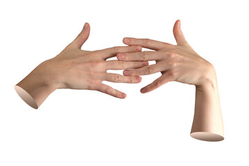Pair of female hands with linked fingers in intertwined gesture, showing unity and connection with